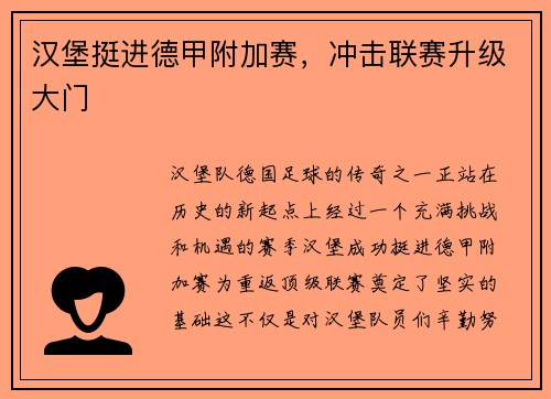 汉堡挺进德甲附加赛，冲击联赛升级大门